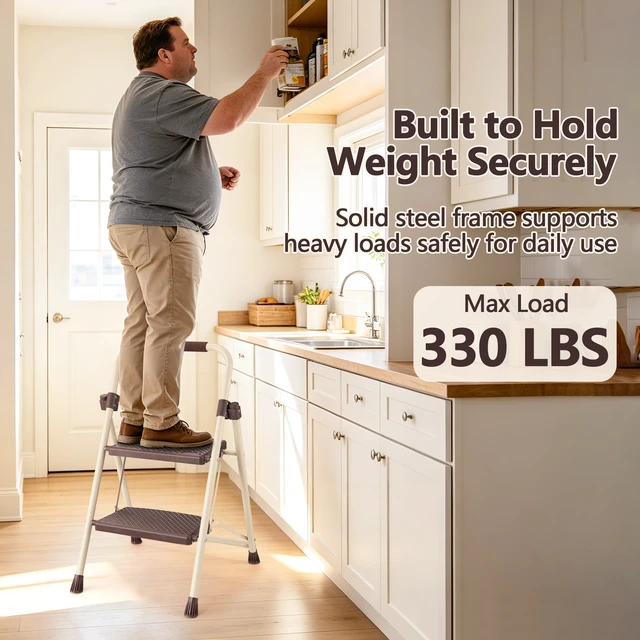 Alt view image 4 of 7 - 2step Ladder with Handrails, 330 LBS Folding Step Stool with Anti Slip Wide Pedal for Kitchen Pantry, Apricot, ABS