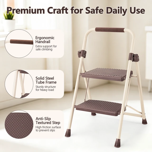 Alt view image 2 of 7 - 2step Ladder with Handrails, 330 LBS Folding Step Stool with Anti Slip Wide Pedal for Kitchen Pantry, Apricot, ABS