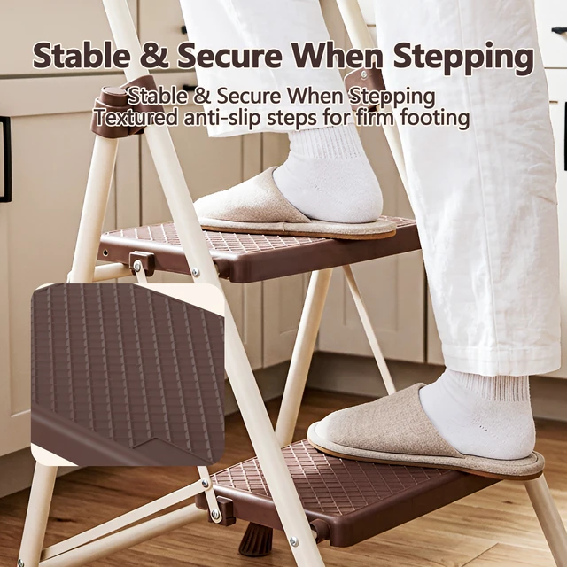 Alt view image 6 of 7 - 2step Ladder with Handrails, 330 LBS Folding Step Stool with Anti Slip Wide Pedal for Kitchen Pantry, Apricot, ABS