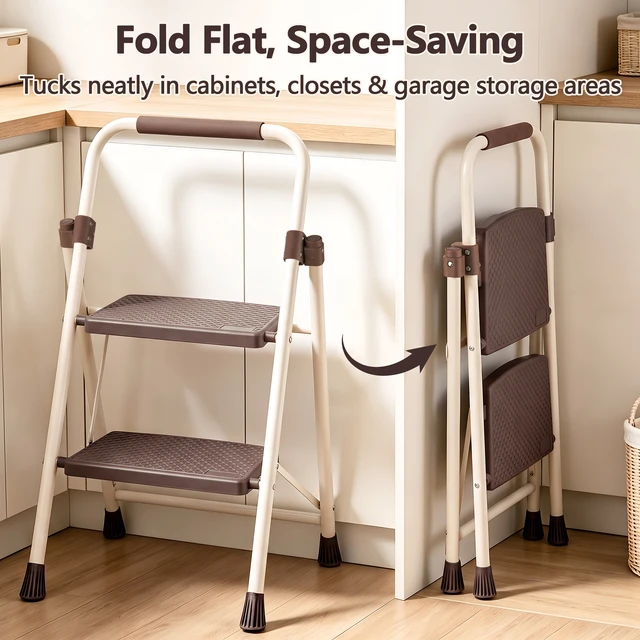 Alt view image 5 of 7 - 2step Ladder with Handrails, 330 LBS Folding Step Stool with Anti Slip Wide Pedal for Kitchen Pantry, Apricot, ABS