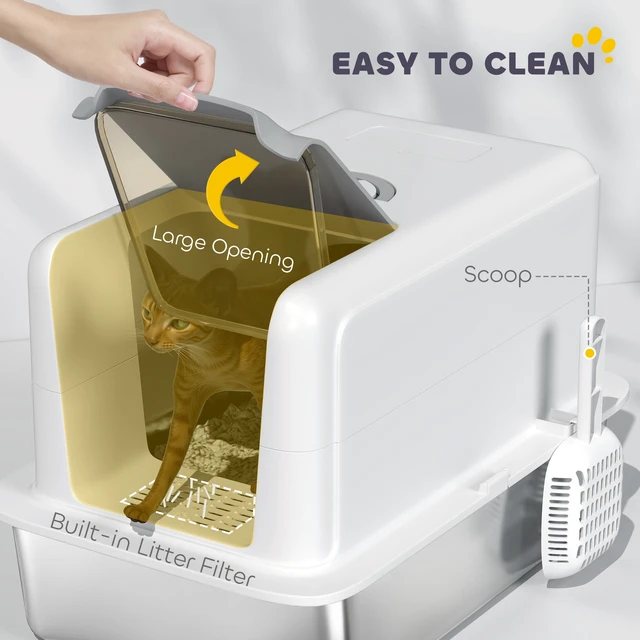 Alt view image 5 of 7 - Paw Hut Stainless Steel Cat Litter Box, Extra Large 2 in Metal Kitty Litter Pan with Removable Lid and Scoop Filter