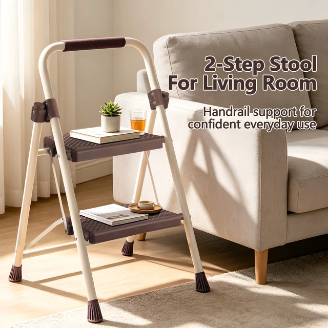 Alt view image 7 of 7 - 2step Ladder with Handrails, 330 LBS Folding Step Stool with Anti Slip Wide Pedal for Kitchen Pantry, Apricot, ABS