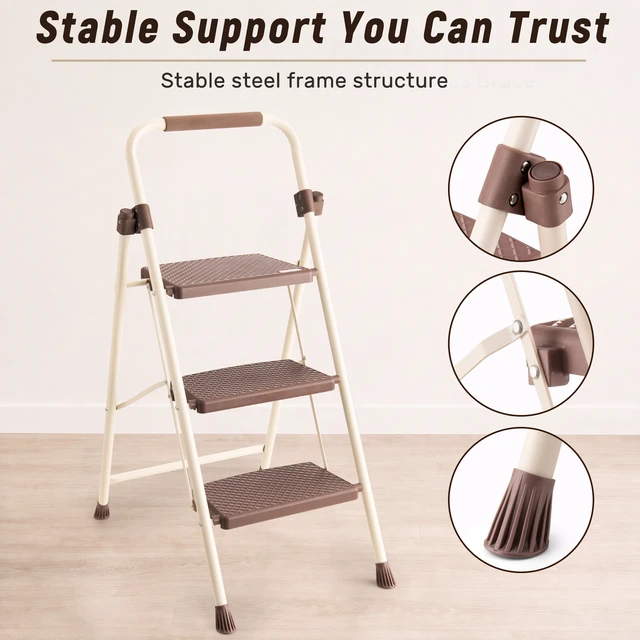 Alt view image 2 of 7 - 3step Ladder, Folding Step Stool with Wide Anti Slip Pedal Steel Ladder Convenient Handrail Lightweight Portable Steel