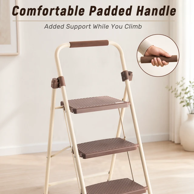 Alt view image 5 of 7 - 3step Ladder, Folding Step Stool with Wide Anti Slip Pedal Steel Ladder Convenient Handrail Lightweight Portable Steel