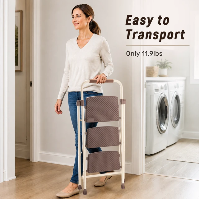 Alt view image 7 of 7 - 3step Ladder, Folding Step Stool with Wide Anti Slip Pedal Steel Ladder Convenient Handrail Lightweight Portable Steel