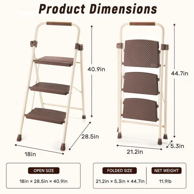 Alt view image 6 of 7 - 3step Ladder, Folding Step Stool with Wide Anti Slip Pedal Steel Ladder Convenient Handrail Lightweight Portable Steel