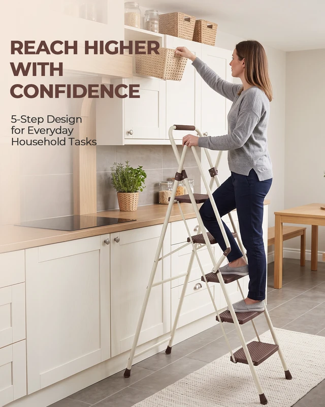 Alt view image 6 of 7 - 5step Ladder, Folding Step Stool with Wide Anti Slip Pedal Steel Ladder Convenient Handrail Lightweight Portable Steel