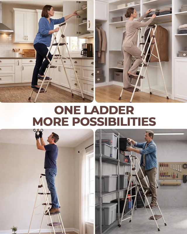 Alt view image 7 of 7 - 5step Ladder, Folding Step Stool with Wide Anti Slip Pedal Steel Ladder Convenient Handrail Lightweight Portable Steel