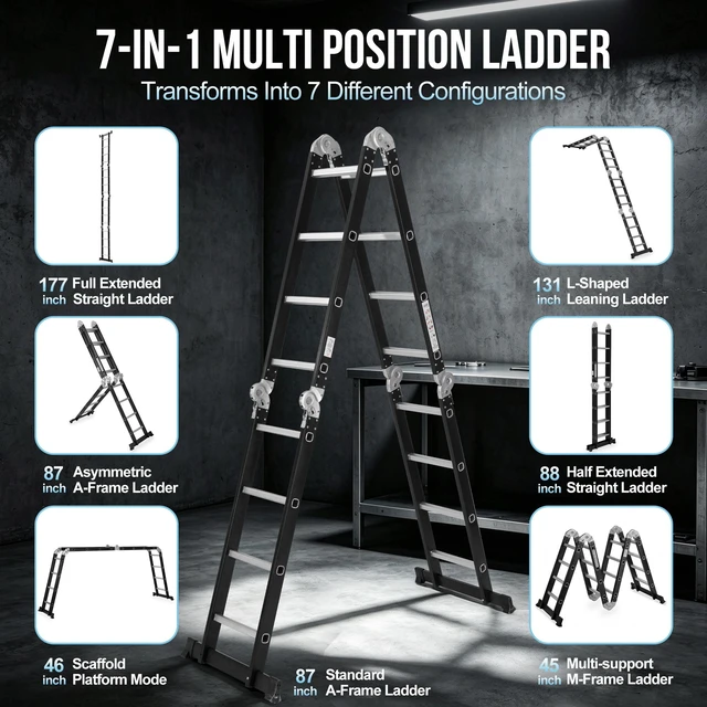 Alt view image 3 of 7 - Folding Ladder, Extension Ladder Outdoor 7 in Purpose Step Heavy Duty Collapsible Tall Adjustable Roof Work Painting