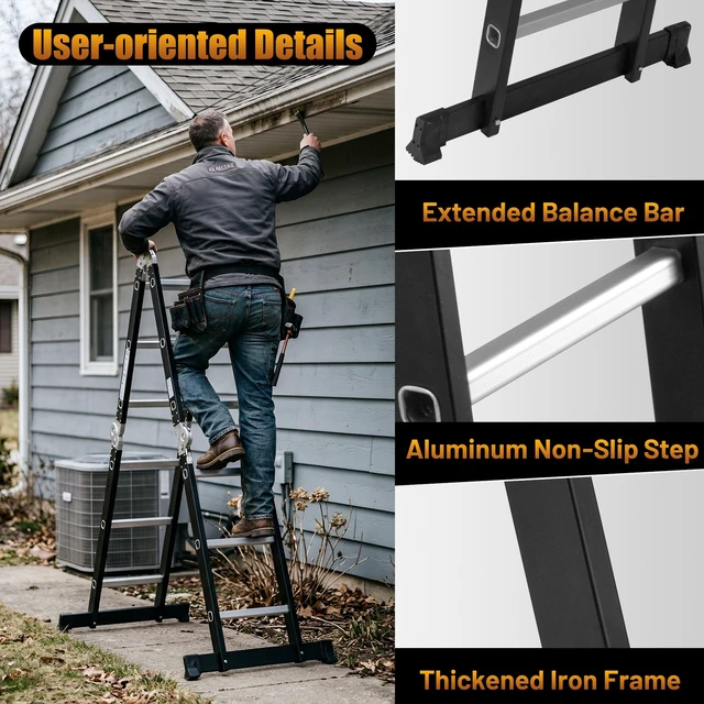 Alt view image 3 of 7 - 4 Folding Ladder, Extension Ladder Outdoor 7 in Purpose Step Heavy Duty Collapsible Tall Adjustable Roof Work Painting