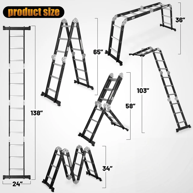 Alt view image 4 of 7 - 4 Folding Ladder, Extension Ladder Outdoor 7 in Purpose Step Heavy Duty Collapsible Tall Adjustable Roof Work Painting