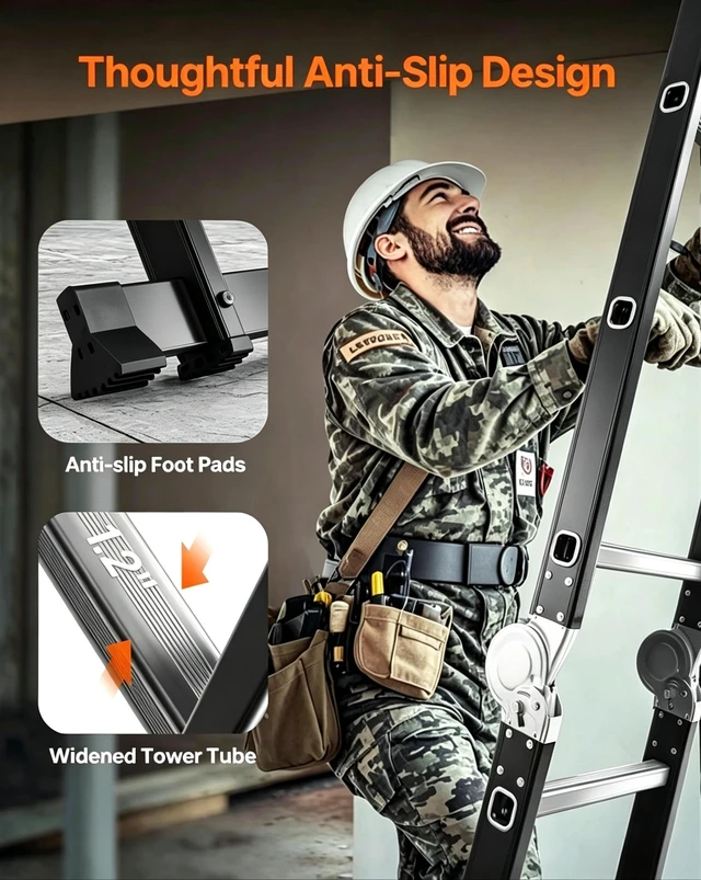 Alt view image 5 of 7 - 4 Folding Ladder, Extension Ladder Outdoor 7 in Purpose Step Heavy Duty Collapsible Tall Adjustable Roof Work Painting