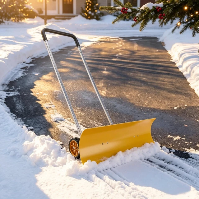 Main image of 37 Inch Wheeled Aluminum Snow Pusher with Adjustable Ergonomic Handle, Yellow, Snow Removal Tools