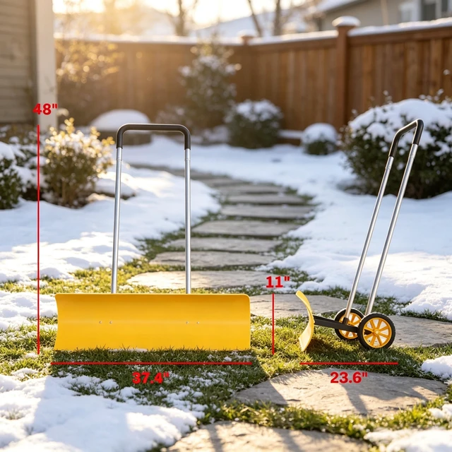 Alt view image 3 of 7 - 37 Inch Wheeled Aluminum Snow Pusher with Adjustable Ergonomic Handle, Yellow, Snow Removal Tools