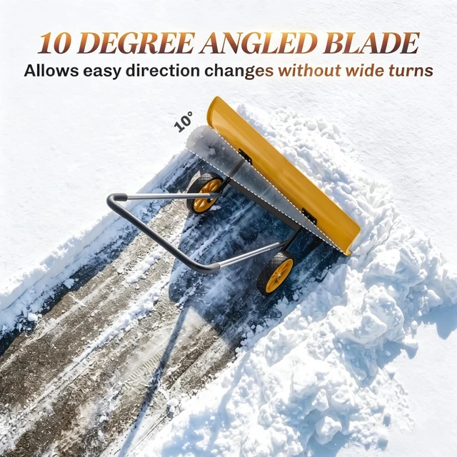 Alt view image 4 of 7 - 37 Inch Wheeled Aluminum Snow Pusher with Adjustable Ergonomic Handle, Yellow, Snow Removal Tools