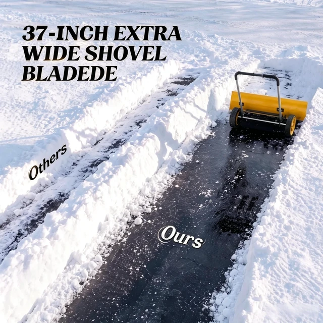 Alt view image 5 of 7 - 37 Inch Wheeled Aluminum Snow Pusher with Adjustable Ergonomic Handle, Yellow, Snow Removal Tools