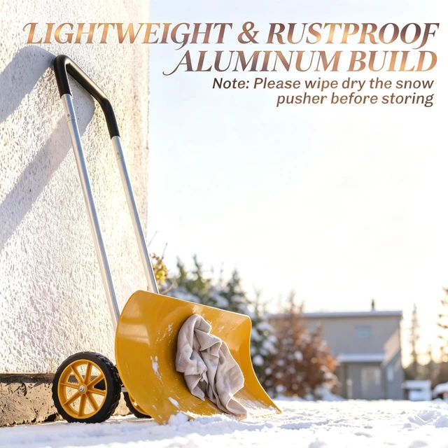 Alt view image 2 of 7 - 37 Inch Wheeled Aluminum Snow Pusher with Adjustable Ergonomic Handle, Yellow, Snow Removal Tools