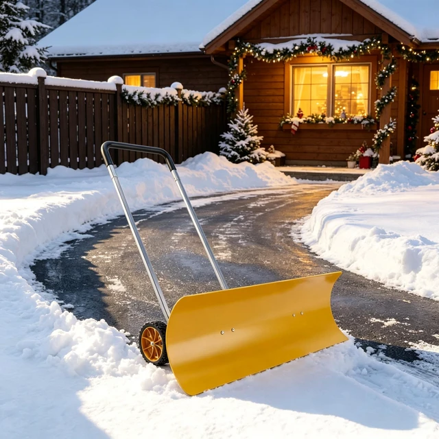 Alt view image 7 of 7 - 37 Inch Wheeled Aluminum Snow Pusher with Adjustable Ergonomic Handle, Yellow, Snow Removal Tools