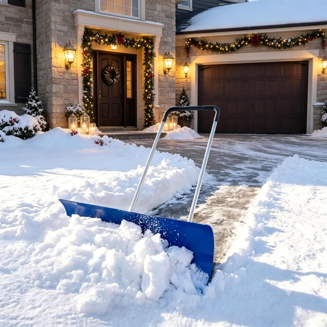 Main image of 37 Inch Wheeled Aluminum Snow Pusher with Adjustable Ergonomic Handle, Blue, Snow Removal Tools