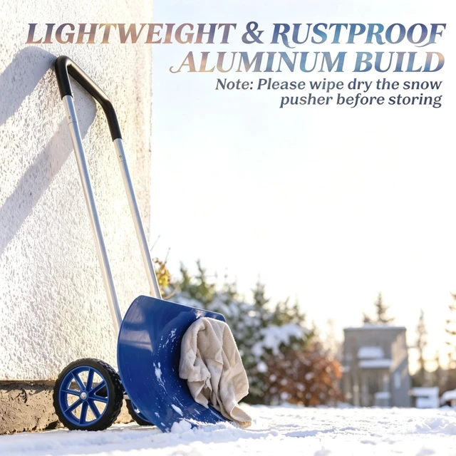 Alt view image 4 of 7 - 37 Inch Wheeled Aluminum Snow Pusher with Adjustable Ergonomic Handle, Blue, Snow Removal Tools