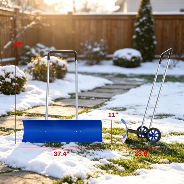 Alt view image 3 of 7 - 37 Inch Wheeled Aluminum Snow Pusher with Adjustable Ergonomic Handle, Blue, Snow Removal Tools