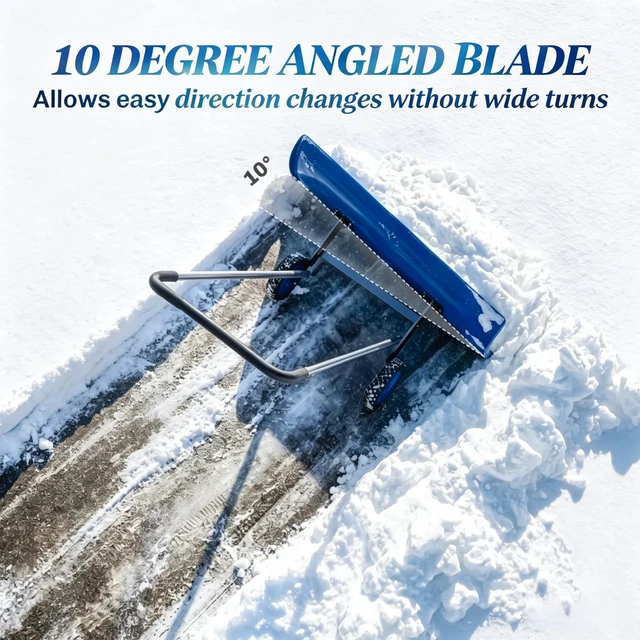 Alt view image 2 of 7 - 37 Inch Wheeled Aluminum Snow Pusher with Adjustable Ergonomic Handle, Blue, Snow Removal Tools