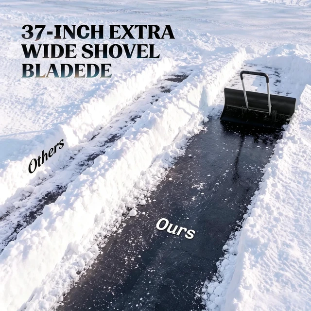 Alt view image 3 of 7 - 37 Inch Wheeled Aluminum Snow Pusher with Adjustable Ergonomic Handle, Black, Snow Removal Tools