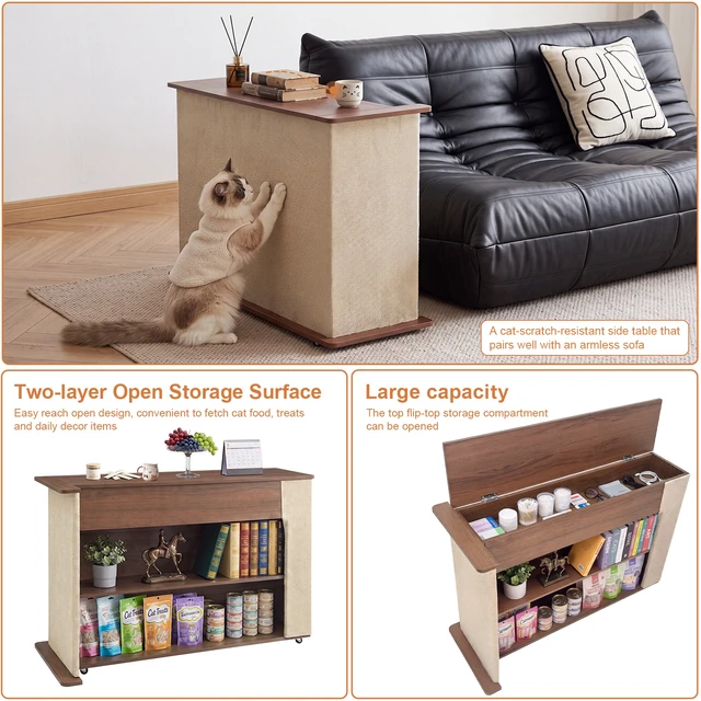 Alt view image 7 of 7 - Cat Scratcher Side Table for Couch, Sofa Protector End Table Reversible Left Right Assembly Hidden Storage 360° Locking