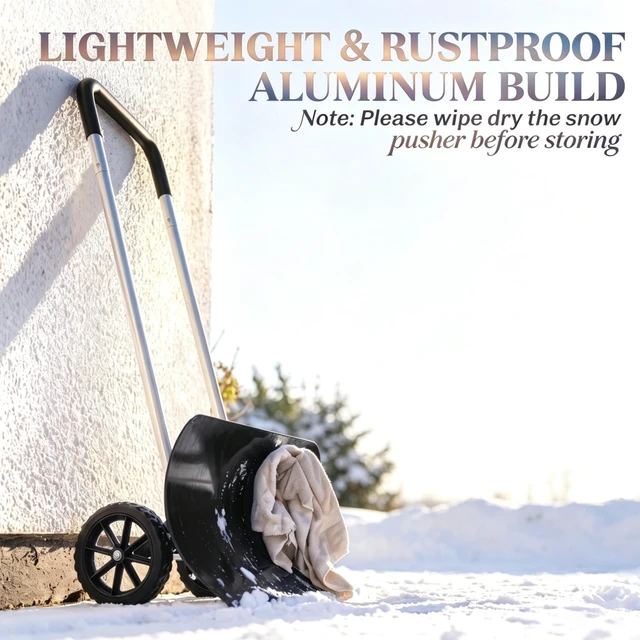 Alt view image 5 of 7 - 37 Inch Wheeled Aluminum Snow Pusher with Adjustable Ergonomic Handle, Black, Snow Removal Tools