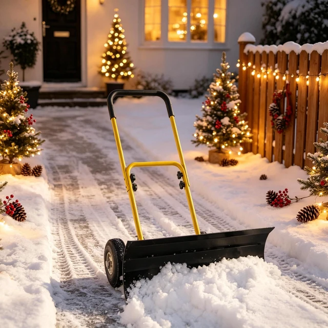 Main image of 29×16.5 Inch Wheeled Snow Pusher, Angle Blade for Driveway Snow Clearing, Yellow, Metal and Steel, Removal Tools