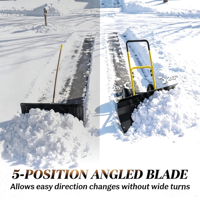 Alt view image 2 of 7 - 29×16.5 Inch Wheeled Snow Pusher, Angle Blade for Driveway Snow Clearing, Yellow, Metal and Steel, Removal Tools