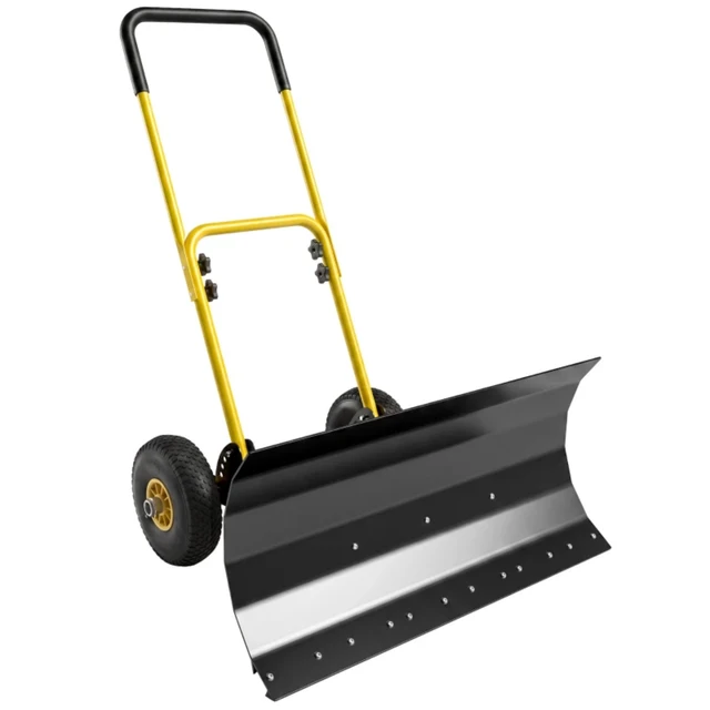 Alt view image 3 of 7 - 29×16.5 Inch Wheeled Snow Pusher, Angle Blade for Driveway Snow Clearing, Yellow, Metal and Steel, Removal Tools