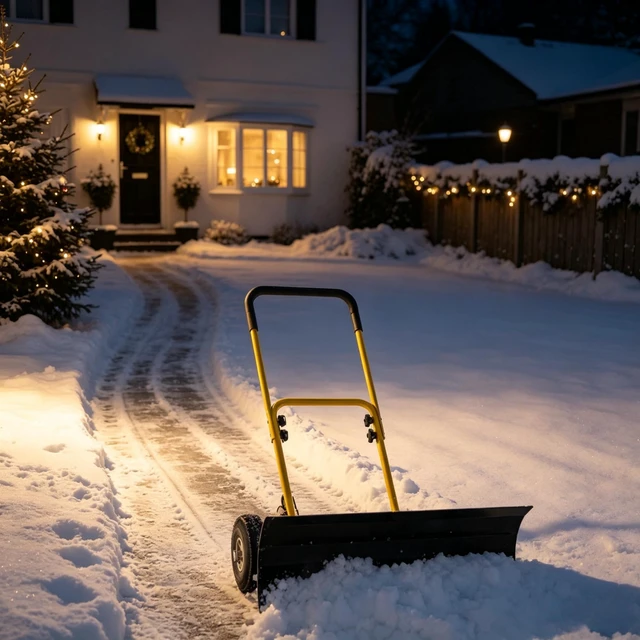 Alt view image 6 of 7 - 29×16.5 Inch Wheeled Snow Pusher, Angle Blade for Driveway Snow Clearing, Yellow, Metal and Steel, Removal Tools
