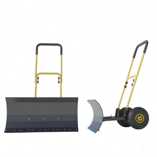 Alt view image 4 of 7 - 29×16.5 Inch Wheeled Snow Pusher, Angle Blade for Driveway Snow Clearing, Yellow, Metal and Steel, Removal Tools