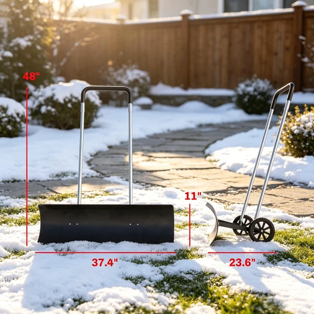 Alt view image 6 of 7 - 37 Inch Wheeled Aluminum Snow Pusher with Adjustable Ergonomic Handle, Black, Snow Removal Tools