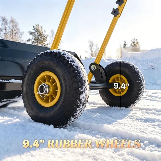 Alt view image 5 of 7 - 29×16.5 Inch Wheeled Snow Pusher, Angle Blade for Driveway Snow Clearing, Yellow, Metal and Steel, Removal Tools