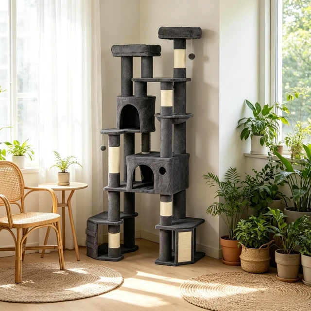 Main image of 79 Inch Tall Cat Tower, Reinforced Dual Baseboard for Big Adult Cats, Dark Gray, Cotton, Particle Board