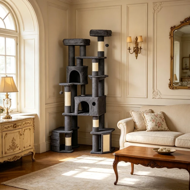 Alt view image 2 of 7 - 79 Inch Tall Cat Tower, Reinforced Dual Baseboard for Big Adult Cats, Dark Gray, Cotton, Particle Board