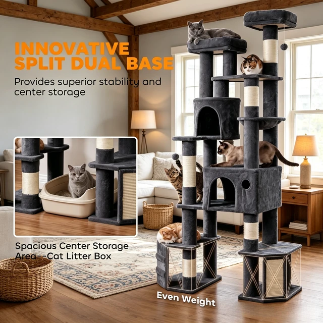 Alt view image 3 of 7 - 79 Inch Tall Cat Tower, Reinforced Dual Baseboard for Big Adult Cats, Dark Gray, Cotton, Particle Board