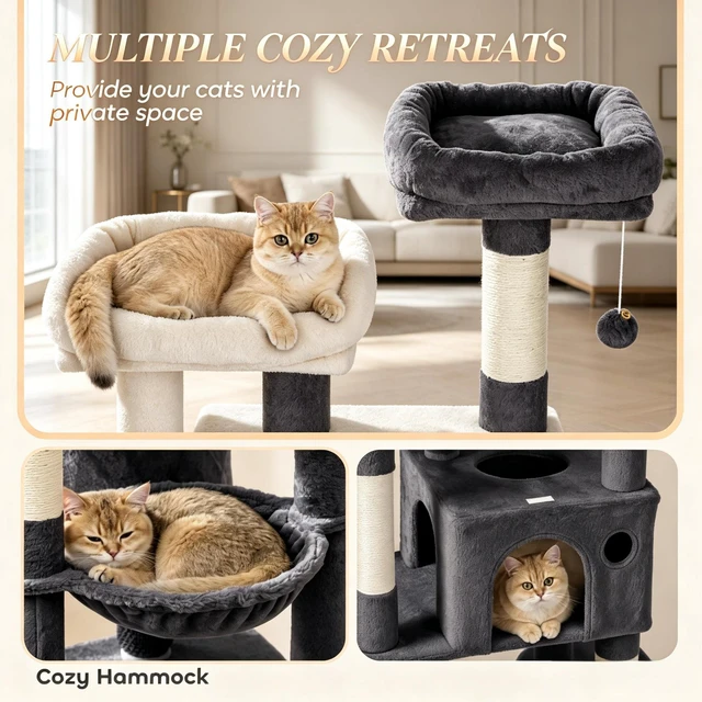Alt view image 5 of 7 - 79 Inch Tall Cat Tower, Reinforced Dual Baseboard for Big Adult Cats, Dark Gray, Cotton, Particle Board