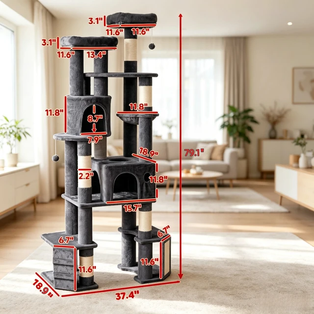 Alt view image 4 of 7 - 79 Inch Tall Cat Tower, Reinforced Dual Baseboard for Big Adult Cats, Dark Gray, Cotton, Particle Board
