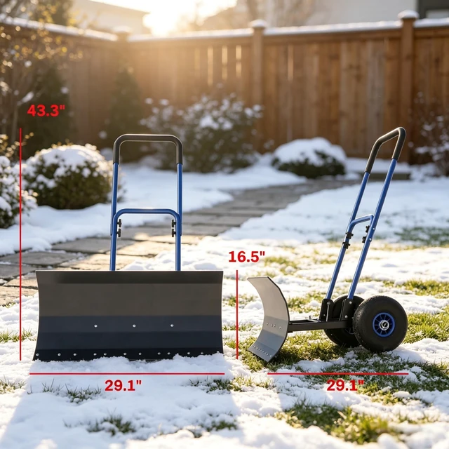 Alt view image 4 of 7 - 29×16.5 Inch Wheeled Snow Pusher, Angle Blade for Driveway Snow Clearing, Blue, Metal and Steel, Removal Tools
