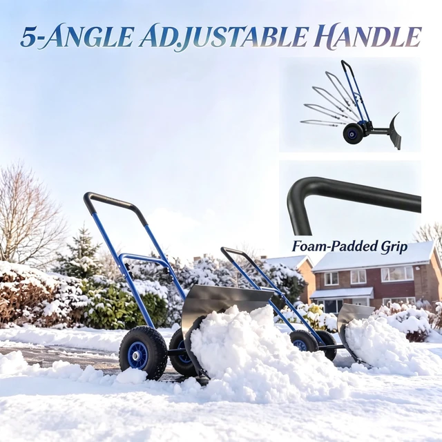 Alt view image 3 of 7 - 29×16.5 Inch Wheeled Snow Pusher, Angle Blade for Driveway Snow Clearing, Blue, Metal and Steel, Removal Tools