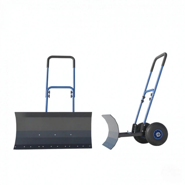 Alt view image 5 of 7 - 29×16.5 Inch Wheeled Snow Pusher, Angle Blade for Driveway Snow Clearing, Blue, Metal and Steel, Removal Tools