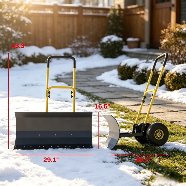 Alt view image 7 of 7 - 29×16.5 Inch Wheeled Snow Pusher, Angle Blade for Driveway Snow Clearing, Yellow, Metal and Steel, Removal Tools