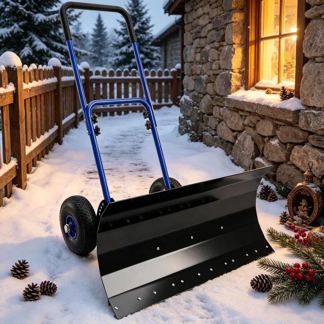 Alt view image 2 of 7 - 29×16.5 Inch Wheeled Snow Pusher, Angle Blade for Driveway Snow Clearing, Blue, Metal and Steel, Removal Tools