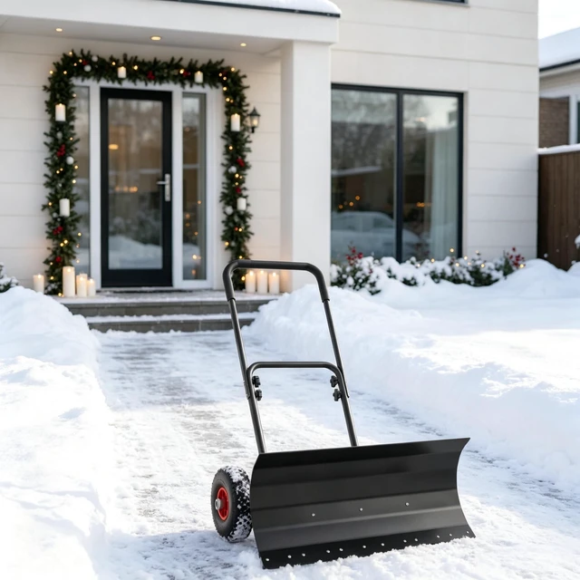 Alt view image 2 of 7 - 29×16.5 Inch Wheeled Snow Pusher, Angle Blade for Driveway Snow Clearing, Black, Metal and Steel, Removal Tools