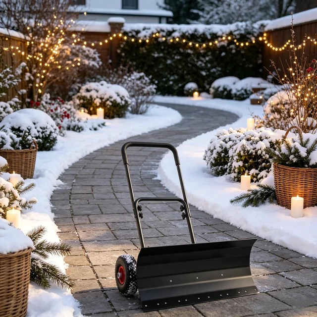 Main image of 29×16.5 Inch Wheeled Snow Pusher, Angle Blade for Driveway Snow Clearing, Black, Metal and Steel, Removal Tools