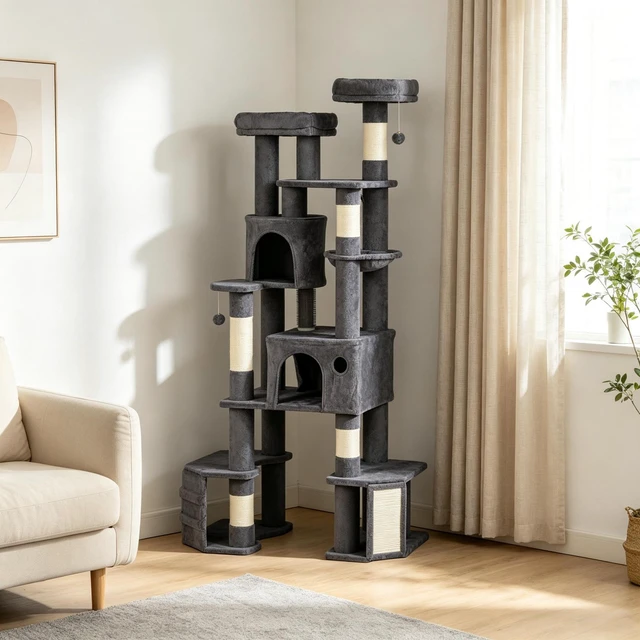 Alt view image 7 of 7 - 79 Inch Tall Cat Tower, Reinforced Dual Baseboard for Big Adult Cats, Dark Gray, Cotton, Particle Board