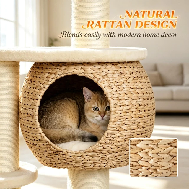 Alt view image 3 of 7 - 52 Inch Cat Tree Tower with Handwoven Cattail Condo, Bed Multiple Platforms Sisal Scratching Posts and Interactive Toy